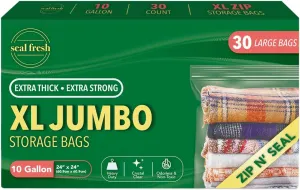 10 Gallon Large Plastic Storage Bags – 24" x 24" (30 Count) – Reusuable XXL Extra Large Heavy Duty Clear Jumbo Freezer Zip Bags with Sealable Zipper Top For Clothes, Travel, Moving