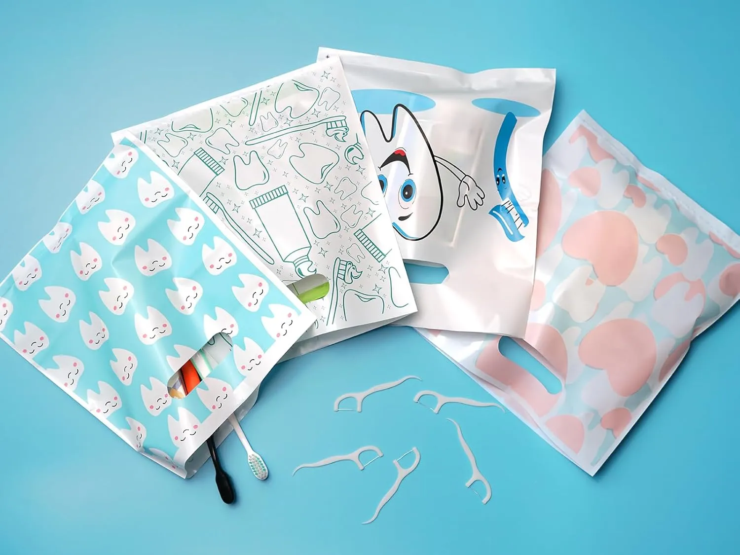 100 Pcs Dental Bags, Tooth Patient Care Dental Bags, 9 x 8 Inches dental goodie bags, for Dental Clinics, Schools and Patient use (Style 5)