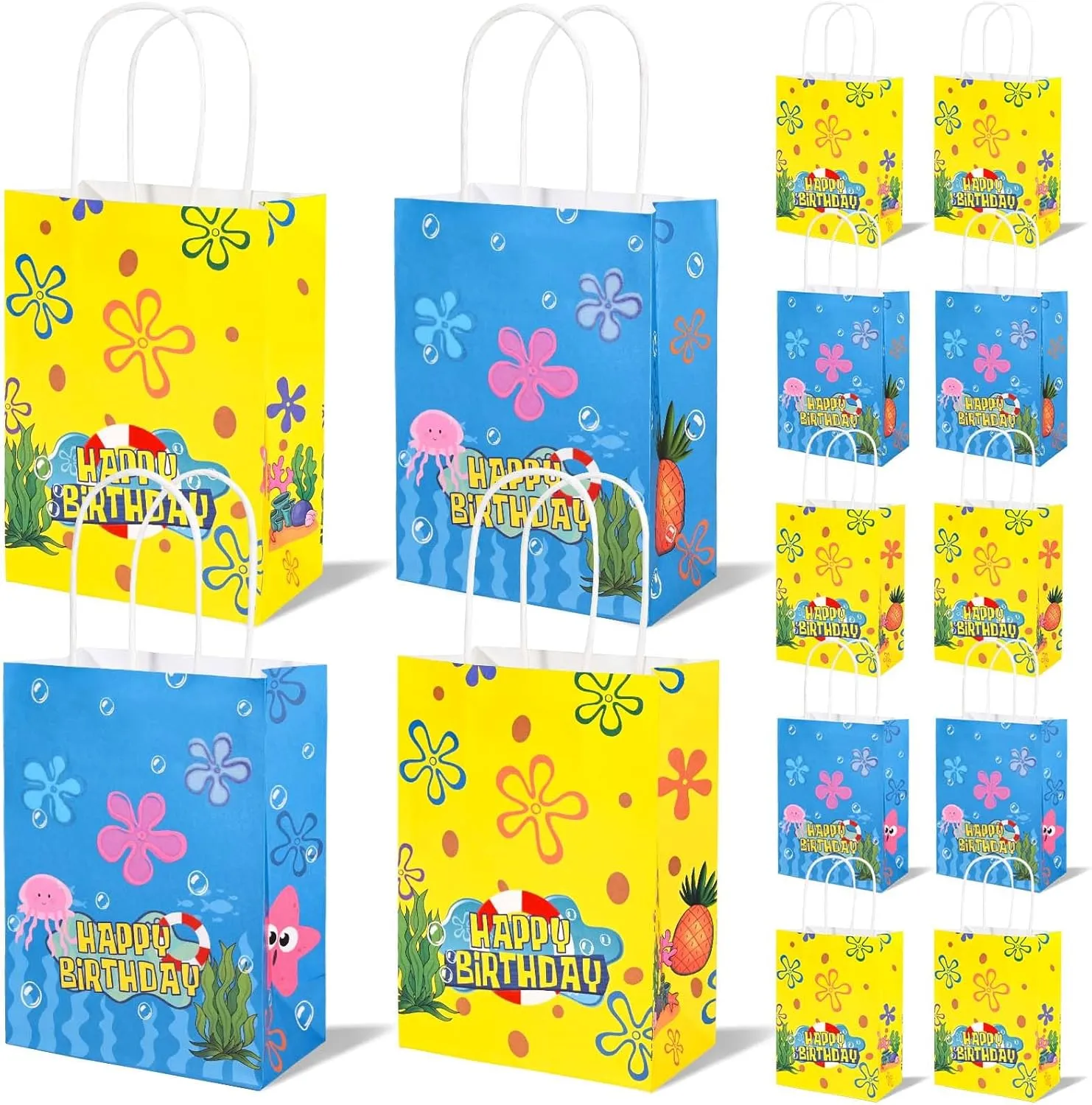 12Pcs Cartoon Happy Birthday Gift Bags with Handles Tropical Ocean Candy Bags for Summer Holidays Birthday Party Baby Shower Supplies