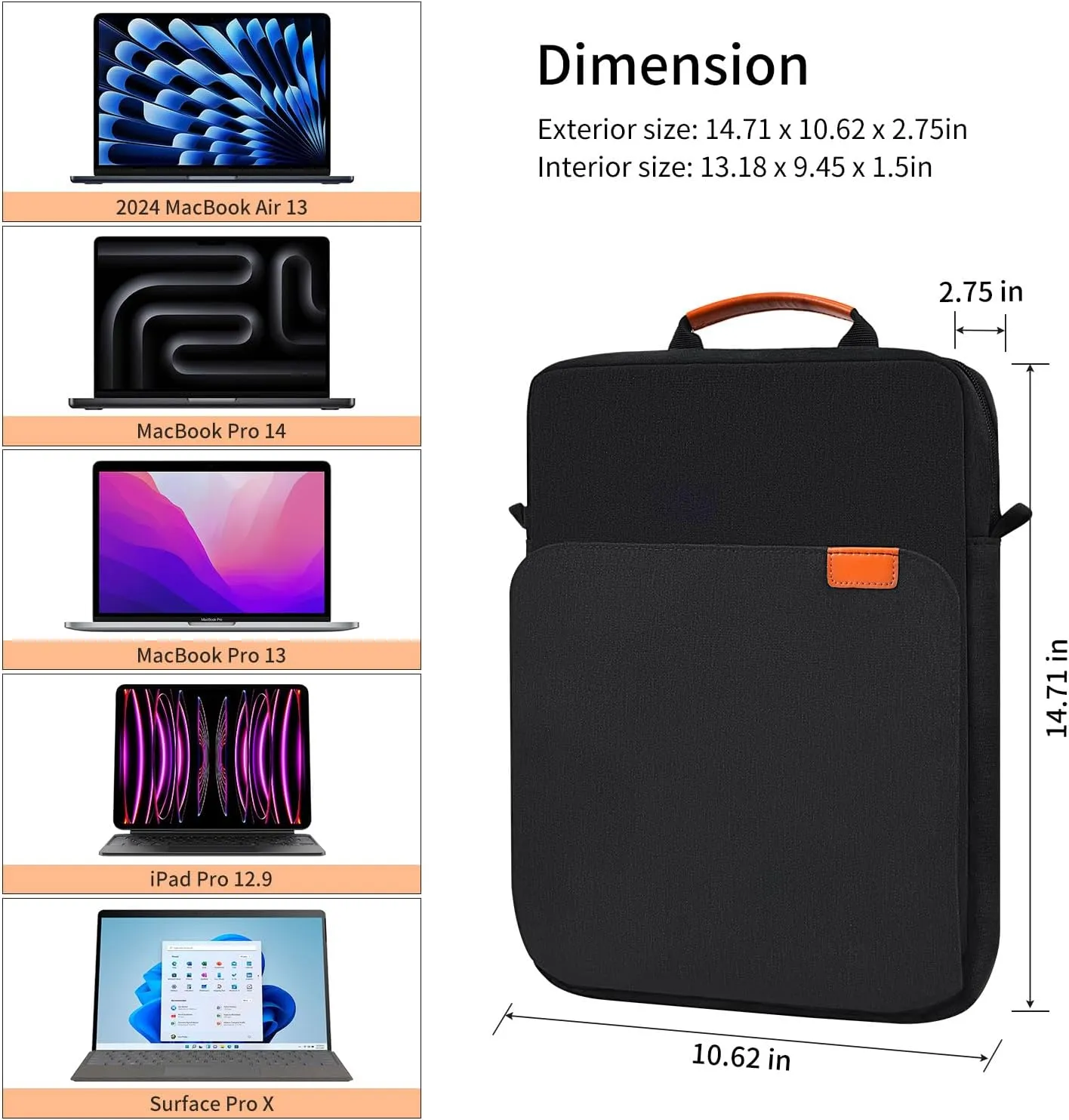 13.3-14 Inch Laptop Shoulder Bag Carrying Case for Macbook Air 13" M4 M3 M2 A3420 A3113/ MacBook Pro 14 M4 M3 M2 M1/ 13" iPad Pro M4/ iPad Air M3 M2 2025, Vertical Laptop Sleeve Handbag, Black