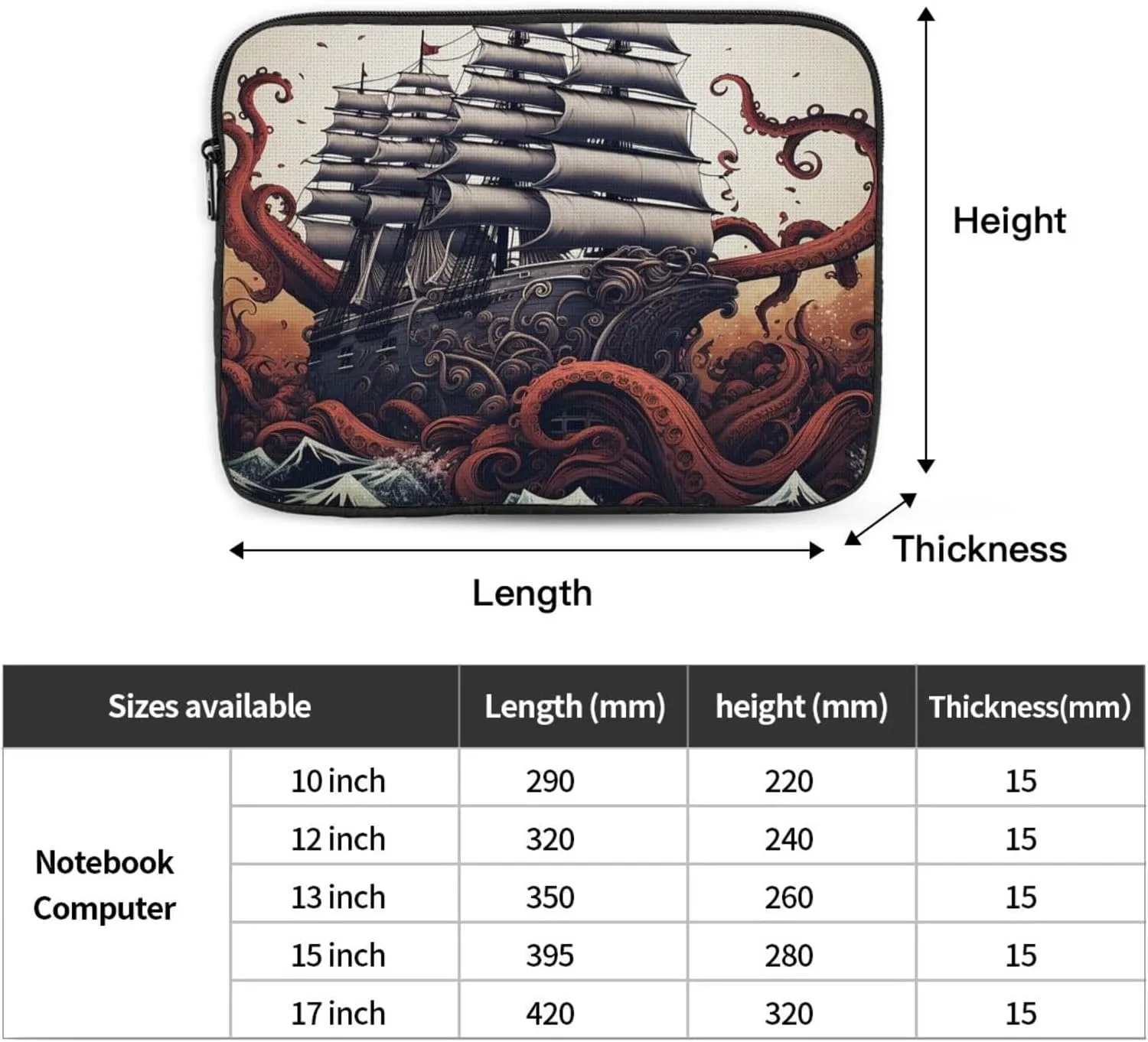 15 Inch Laptop Sleeve Bag Waterproof Shockproof Laptop Case Bag Octopus Tentacles with Ship Computer Skin Bags Lightweight Tablet Carrying Case