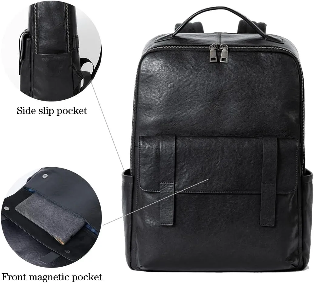 15.6 Inch Genuine Leather Laptop Backpack for Men Women, Business Travel Backpack Hiking Daypack Rucksack (7#Black)