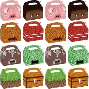 16 Pcs Pixel Theme Gift Box Bags, Pixel Miner Party Favors Decorations Gift Boxes Sandbox Family Goodie Paper Treat Boxes Pixel Party Supplies for Birthday