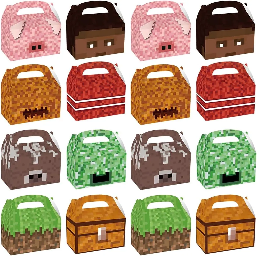 16 Pcs Pixel Theme Gift Box Bags, Pixel Miner Party Favors Decorations Gift Boxes Sandbox Family Goodie Paper Treat Boxes Pixel Party Supplies for Birthday