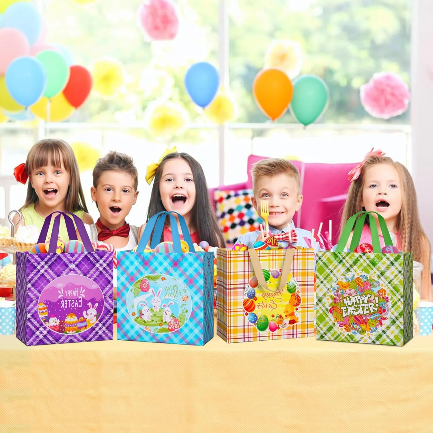 18Pcs Easter Gift Bags Reusable Easter Egg Hunt Bags with Handles for kids,Non-Woven Easter Bags for Easter Baskets, Egg Hunt Game, Easter Party,8.3×7.9×5.9inch