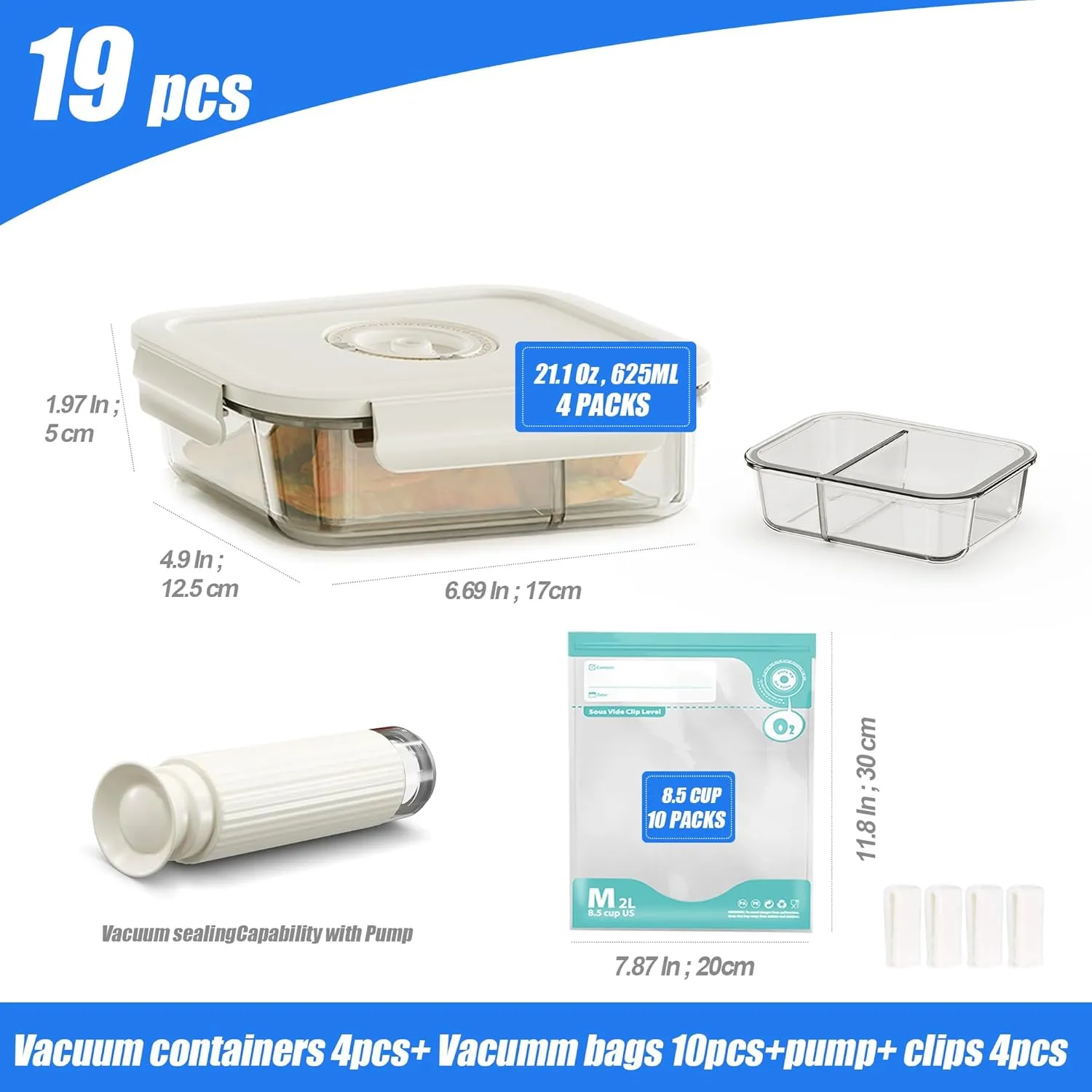 19 PCS Vacuum Sealer, Handheld Manual Vcuum Pump For Borosilicate Glass Vacuum Storage Containers [4PCS, 21Oz] & 10 PCS Vacuum Bags[8.5Cups], Meal Prep Containers, Airtight Food Storage Containers