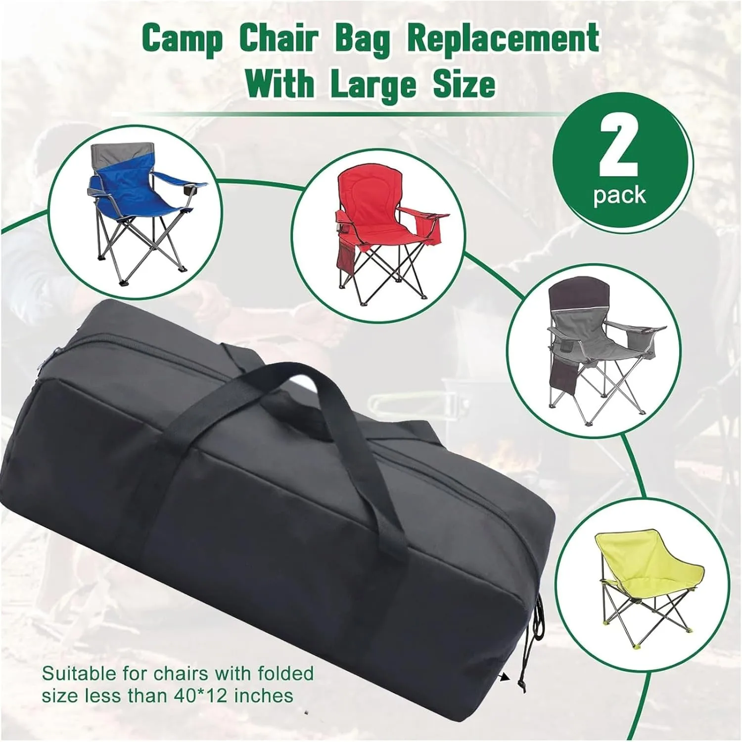 2 Pack Camping Chair Replacement Bag Large Folding Chair Carry Bag 600D Storage Tent Bag with Handle Strap for Travel Outdoor Camping Sports (Black, 70cm/27.55inches)