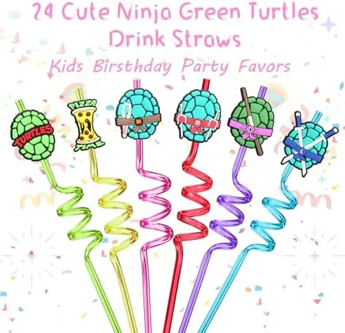 24 Ninja Green Turtles Birthday Party Plastic Straws for Teenage Mutant Cartoon Turtle Party Favors, Vivid Reusable Drinking Straws with 6 styles Shell Weapons for Kids Party Supplies with 2 Brushes