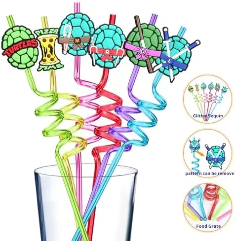 24 Ninja Green Turtles Birthday Party Plastic Straws for Teenage Mutant Cartoon Turtle Party Favors, Vivid Reusable Drinking Straws with 6 styles Shell Weapons for Kids Party Supplies with 2 Brushes