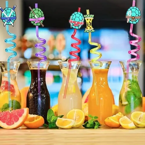 24 Ninja Green Turtles Birthday Party Plastic Straws for Teenage Mutant Cartoon Turtle Party Favors, Vivid Reusable Drinking Straws with 6 styles Shell Weapons for Kids Party Supplies with 2 Brushes