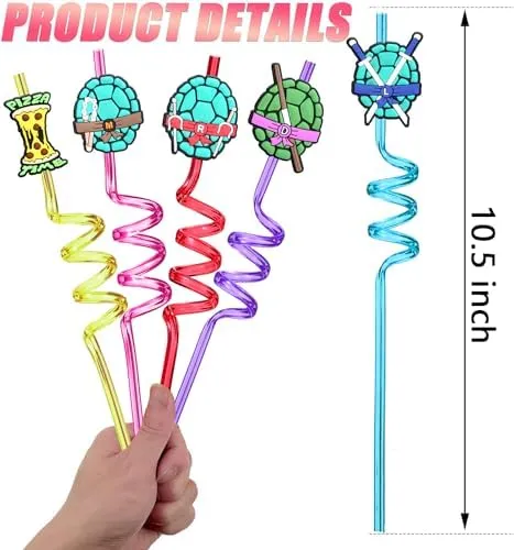 24 Ninja Green Turtles Birthday Party Plastic Straws for Teenage Mutant Cartoon Turtle Party Favors, Vivid Reusable Drinking Straws with 6 styles Shell Weapons for Kids Party Supplies with 2 Brushes