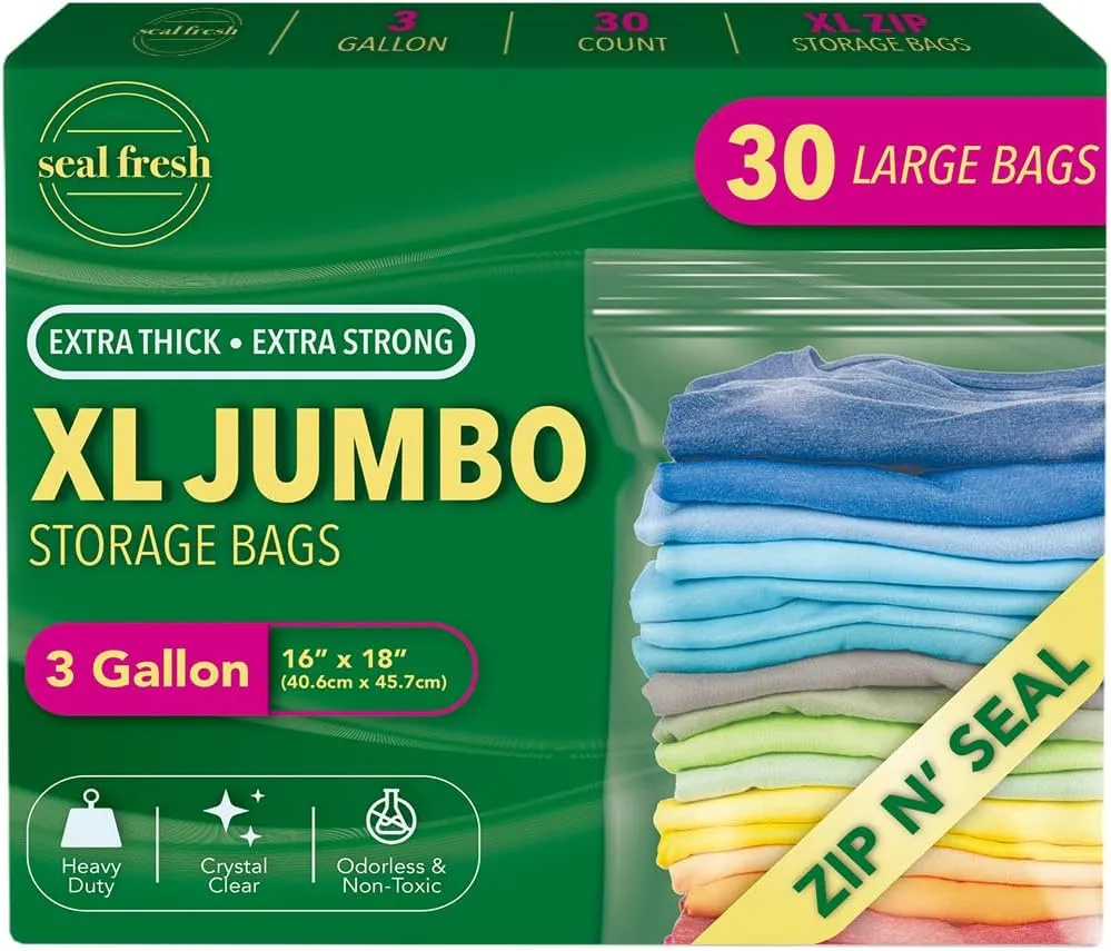 3 Gallon Large Plastic Storage Bags – 16" x 18" (30 Count) – Reusuable XXL Extra Large Heavy Duty Clear Jumbo Freezer Zip Bags with Sealable Zipper Top For Clothes, Travel, Moving
