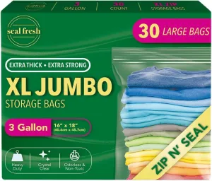 3 Gallon Large Plastic Storage Bags – 16" x 18" (30 Count) – Reusuable XXL Extra Large Heavy Duty Clear Jumbo Freezer Zip Bags with Sealable Zipper Top For Clothes, Travel, Moving