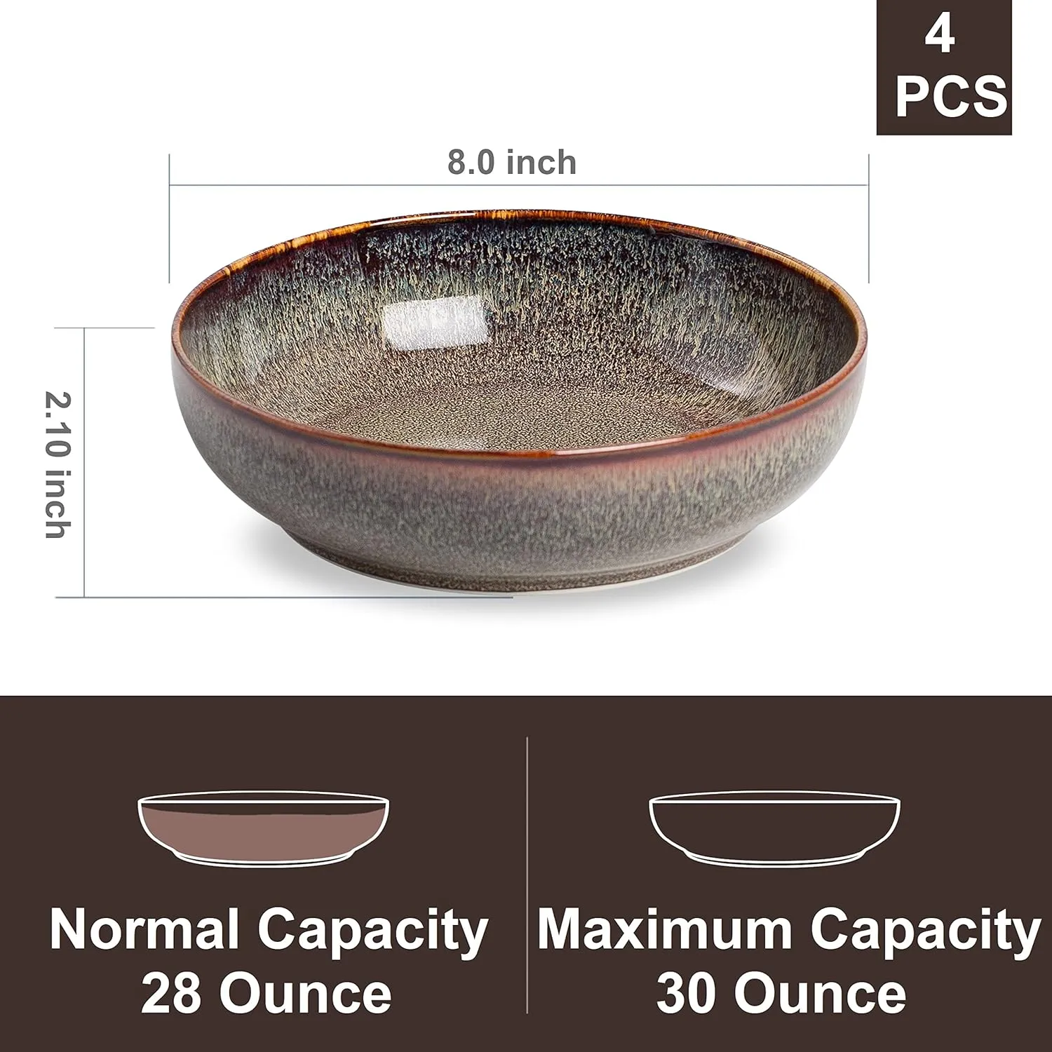 30oz Pasta bowls set - 8" serving bowls - salad bowl set of 4 - Large ceramic Dinner bowls - Microwave safe Perfect for Housewarming, Thanksgiving, Christmas-Caramel Brown
