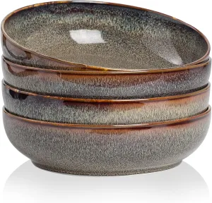 30oz Pasta bowls set - 8" serving bowls - salad bowl set of 4 - Large ceramic Dinner bowls - Microwave safe Perfect for Housewarming, Thanksgiving, Christmas-Caramel Brown