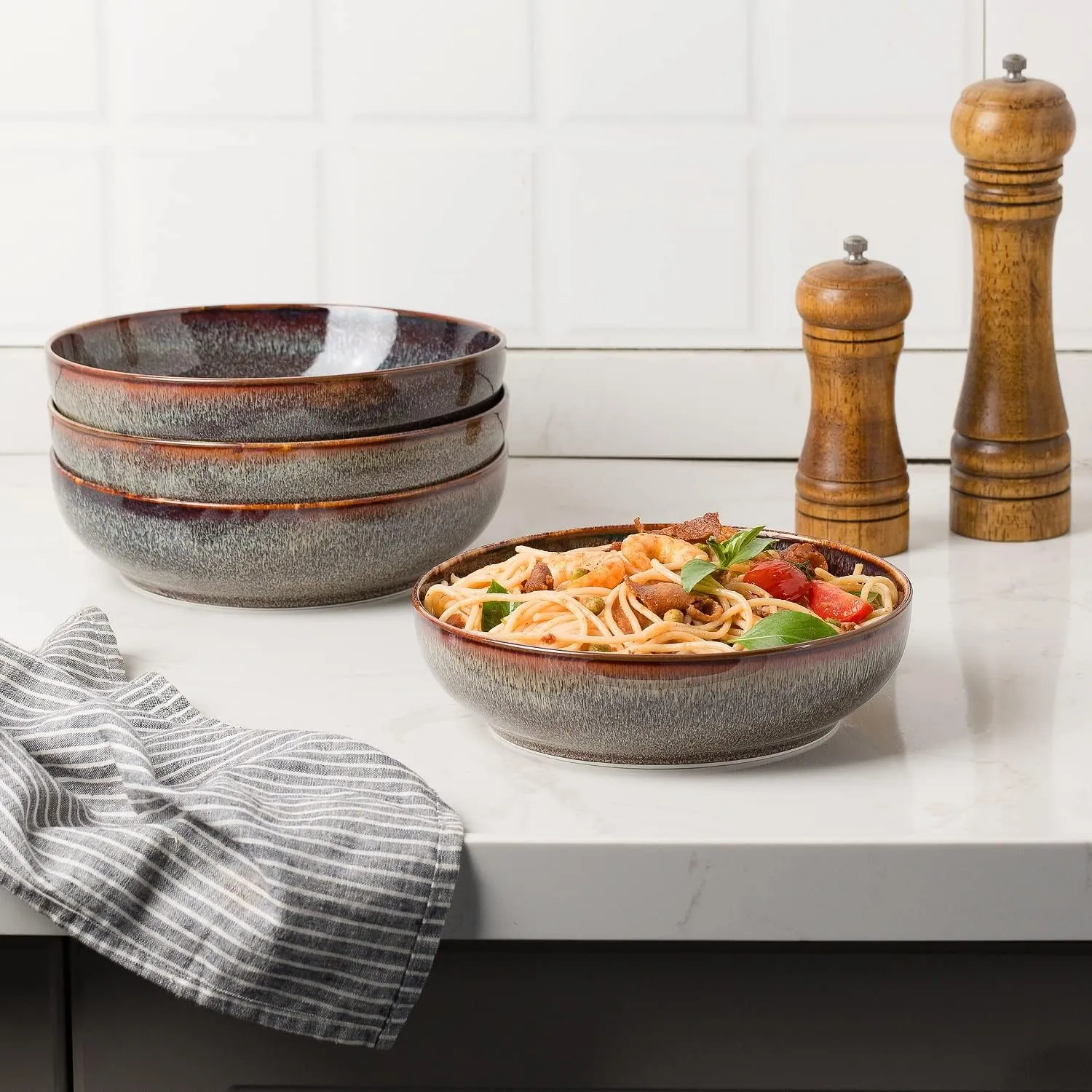 30oz Pasta bowls set - 8" serving bowls - salad bowl set of 4 - Large ceramic Dinner bowls - Microwave safe Perfect for Housewarming, Thanksgiving, Christmas-Caramel Brown