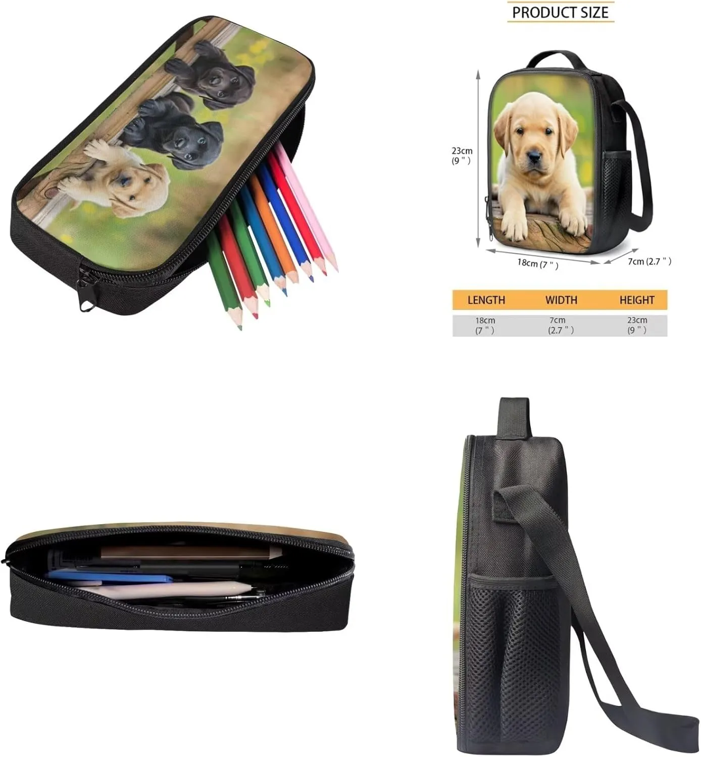 3D Labrador Dog Printed Backpack Set for Toddler Boys Girls, 17 Inch School Bag and Lunch Bag Set for Primary Junior High, Lightweight Bookbag Set with Pencil Case with Adjustable Strap