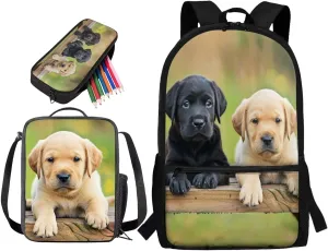 3D Labrador Dog Printed Backpack Set for Toddler Boys Girls, 17 Inch School Bag and Lunch Bag Set for Primary Junior High, Lightweight Bookbag Set with Pencil Case with Adjustable Strap