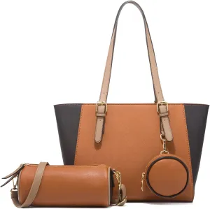 3pcs Women Stitching Tote Shoulder Handbag and Purse PU Cylindrical Crossbody Bag Coin Wallet