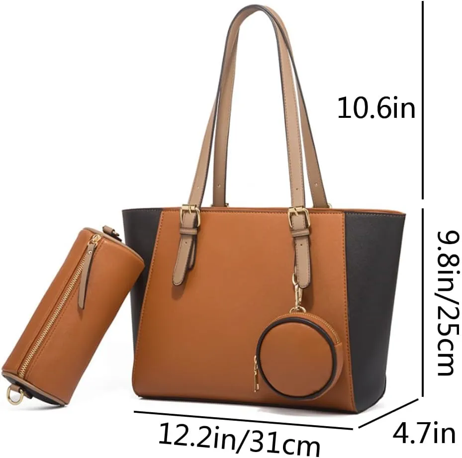 3pcs Women Stitching Tote Shoulder Handbag and Purse PU Cylindrical Crossbody Bag Coin Wallet