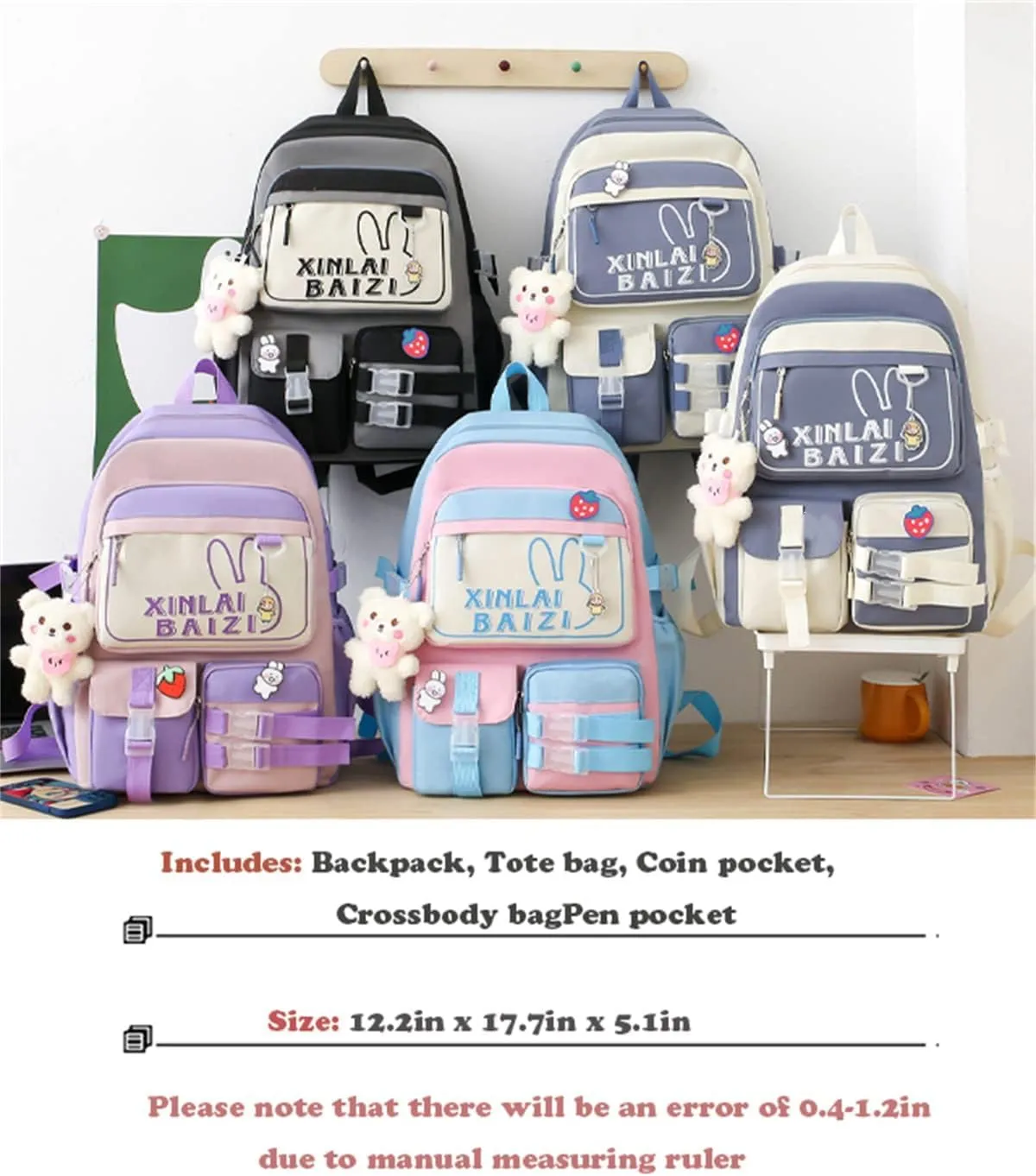 4Pcs Kawaii Backpack Set for Teens Girl Cute School Bag Combo Set Aesthetic Backpack with Pendant Pins Accessories