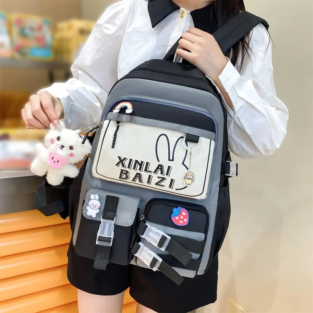 4Pcs Kawaii Backpack Set for Teens Girl Cute School Bag Combo Set Aesthetic Backpack with Pendant Pins Accessories