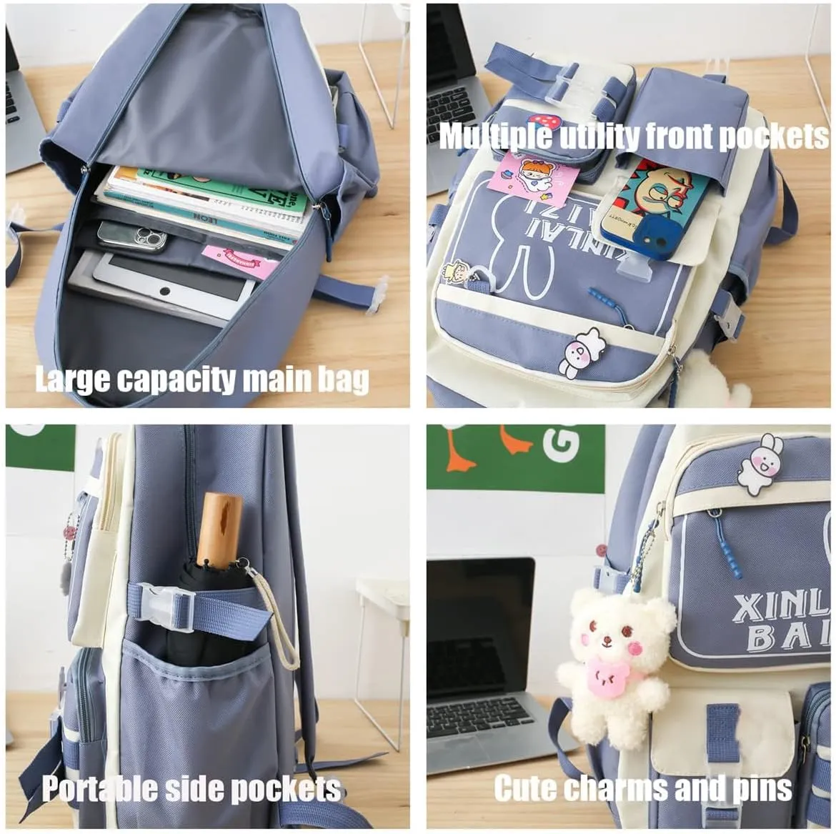 4Pcs Kawaii Backpack Set for Teens Girl Cute School Bag Combo Set Aesthetic Backpack with Pendant Pins Accessories