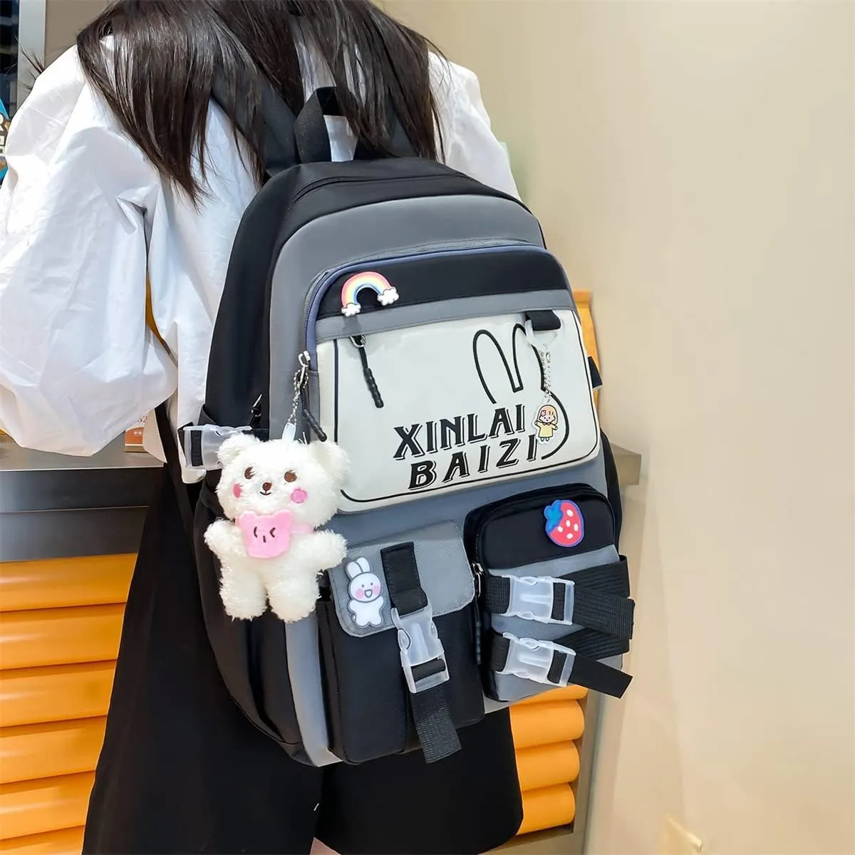 4Pcs Kawaii Backpack Set for Teens Girl Cute School Bag Combo Set Aesthetic Backpack with Pendant Pins Accessories