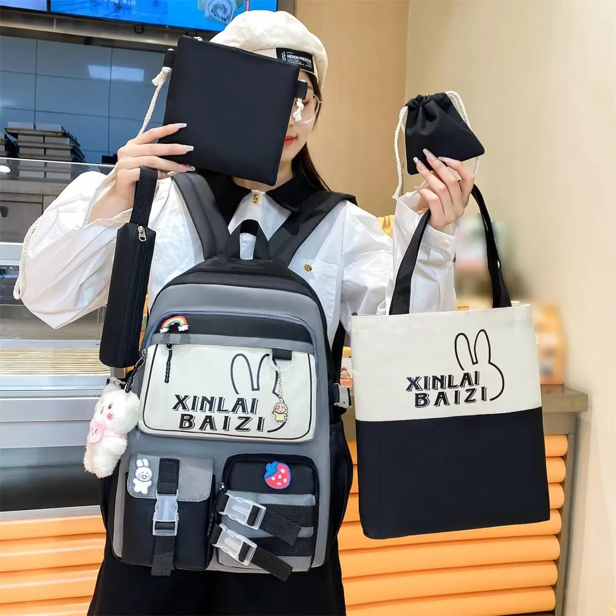4Pcs Kawaii Backpack Set for Teens Girl Cute School Bag Combo Set Aesthetic Backpack with Pendant Pins Accessories