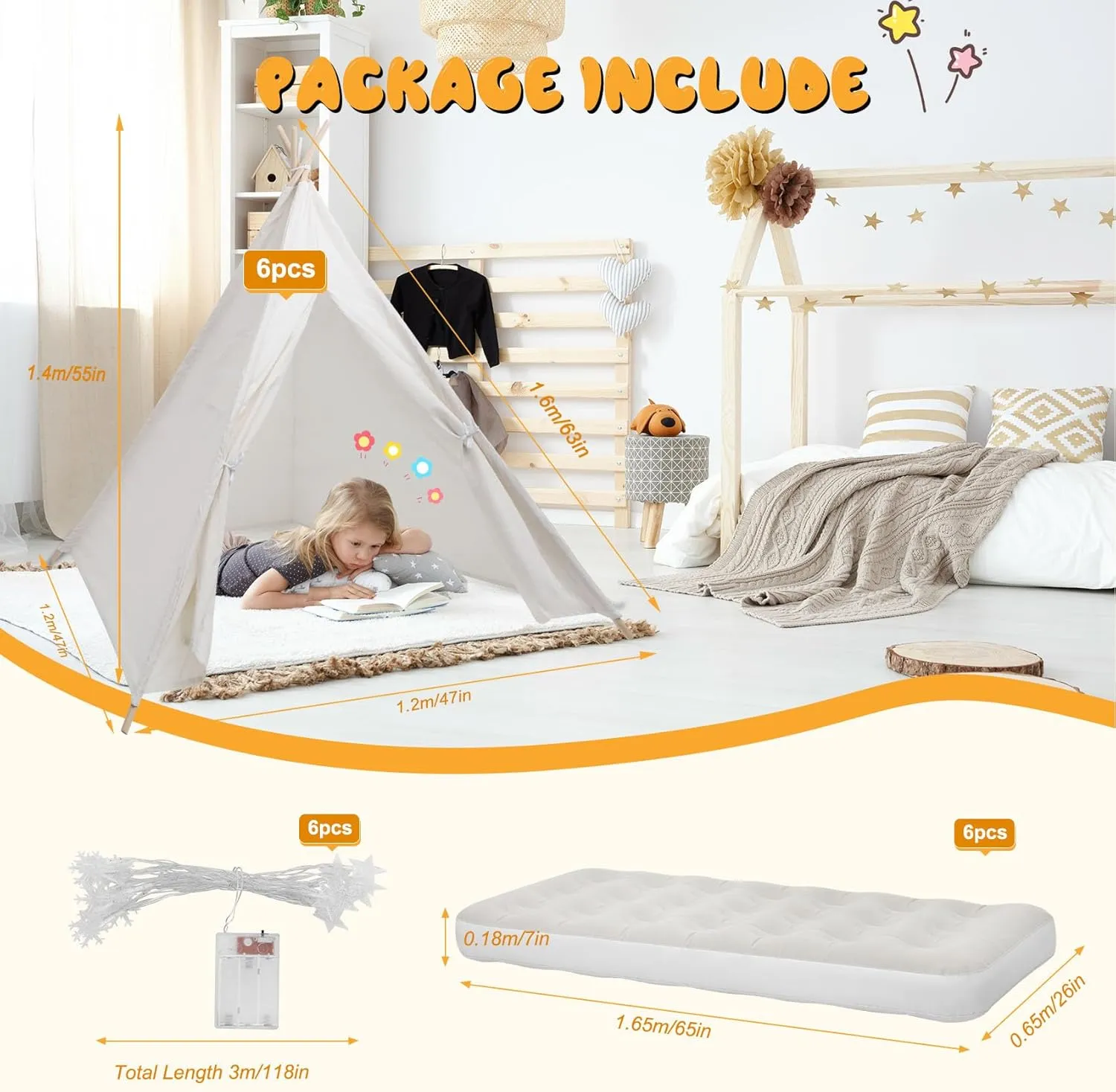 6 Pack Teepee Tent for Kids [Thickened] with Light String and Inflatable Airbed, Slumber Party Tents, Sleepover Tents Party for Girls Boys Indoor Outdoor (White)