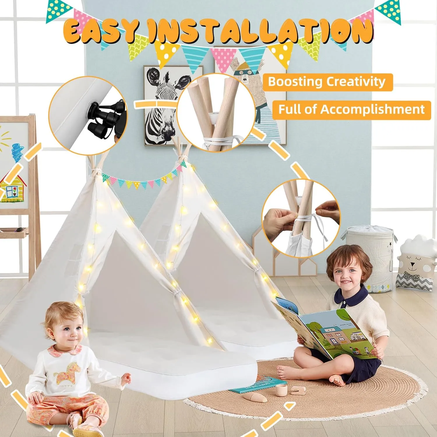 6 Pack Teepee Tent for Kids [Thickened] with Light String and Inflatable Airbed, Slumber Party Tents, Sleepover Tents Party for Girls Boys Indoor Outdoor (White)