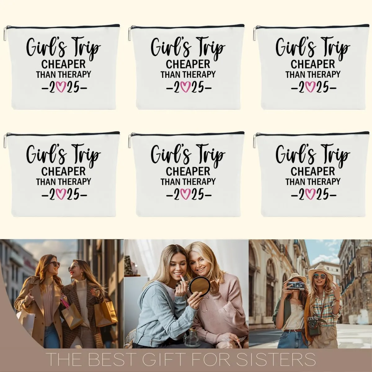 6 PCS Girls Trip Gifts Favors 2025 Girls Weekend Gifts for Women Bestie Gifts Friend Gifts Girls Trip Favors for Her Sister Niece Friendship Holiday Vacation Makeup Bag Weekend Bags for Women