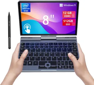 8 Inch Mini Laptop HD Touchscreen Portable Small Computer, Windows 11 Pro Laptop for Business and Students,Intel N100 12GB LPDDR5 512GB M.2 SSD,Wi-Fi 6,BT5.2,2MP Camera,G-Sensor,HDMI,Type C