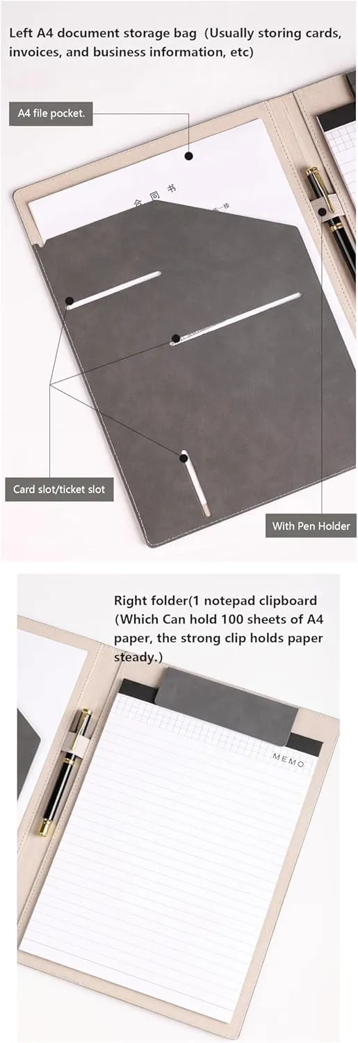 A4 Leather Padfolio Clipboard Folder, Leather Portfolio for Men and Women, Business Portfolio Binder, with r Business Card Holder Reciept Pocket A4 File& Document Sleeve, Notepad Clipboard