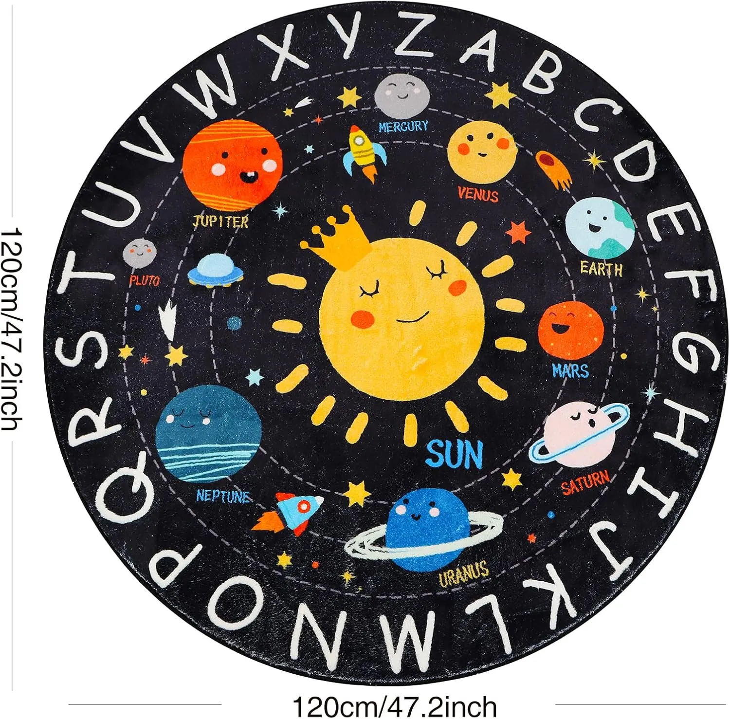 ABC Kids Round 4 Ft Soft Circle Alphabet Playroom Rug, Washable Non-Slip Solar System Educational Rug for Classroom, Playroom, Bedroom Decor