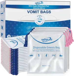 Absorbent Vomit Bag Disposable,26Pcs Emesis Bags-Turns Vomit into Gel,Leak Resistant Barf Bag,900ml Portable Nausea Bags for Travel Motion Sickness,Pregnancy,Kids,Taxi,car