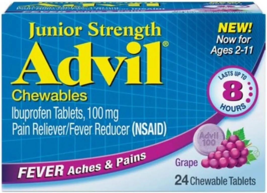 Advil Junior Chewable Ibuprofen Tablets, Grape 100mg, 24 Tablets Each (Pack of 3)