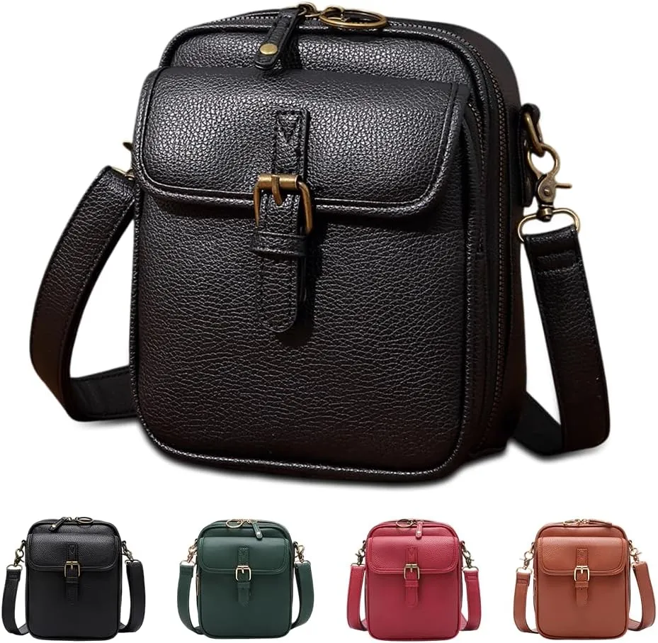 AIIONP 2025 Upgrade Double Layer Large Capacity Mini Messenger Bag, Leather Small Purse Crossbody Shoulder Bag for Women Men