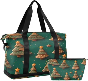 ALAZA Green Gold Pine Tree Star Christmas Travel Duffel Bag with Shoe Compartment Tote Bag Weekender Overnight Bag with Wet Pocket for Travel,Gym,Yoga,Swimming
