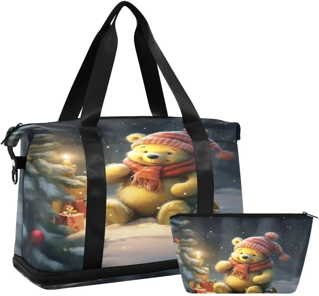 ALAZA Merry Christmas Bear Pine Tree Snowflake Duffel Bag with Shoe Compartment Tote Bag Weekender Overnight Bag with Wet Pocket for Travel,Gym,Yoga,Swimming