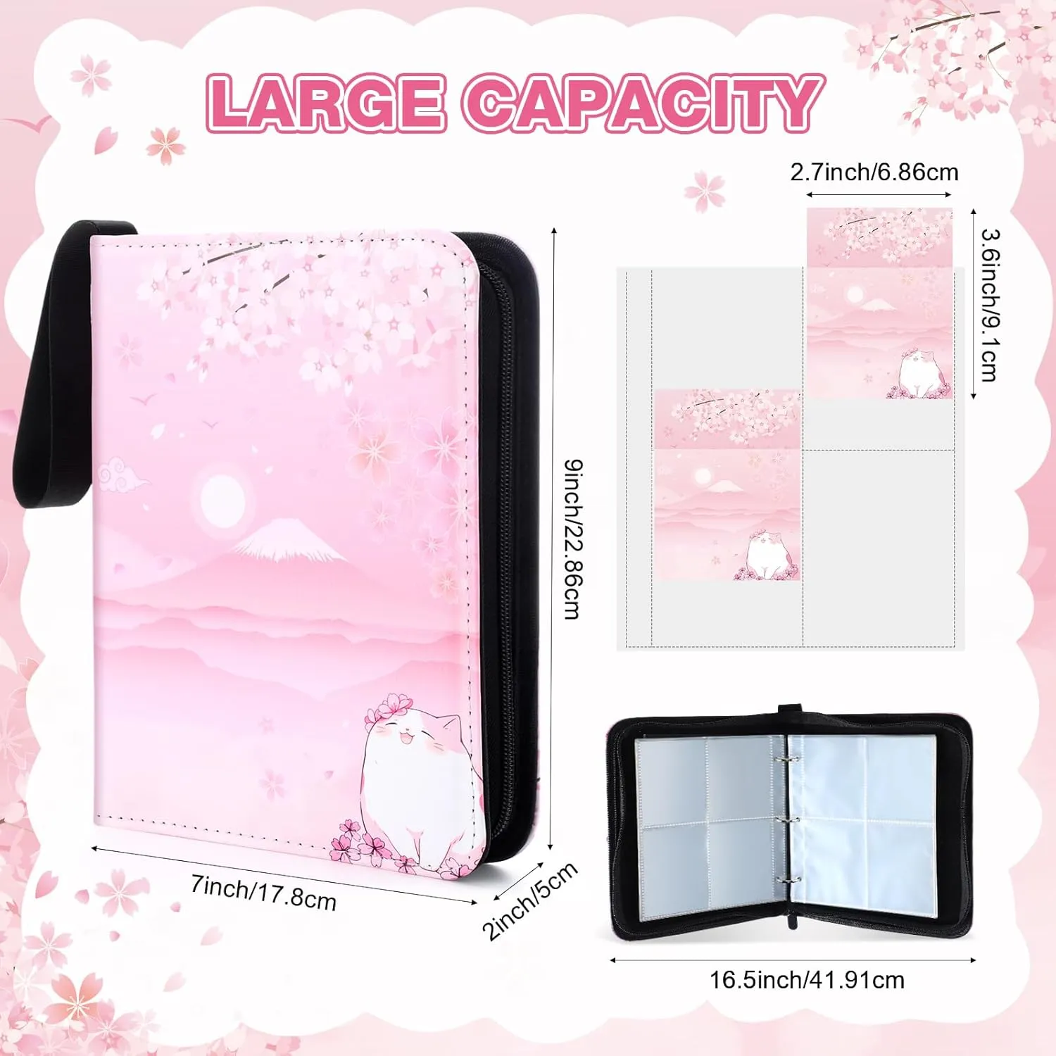 Aliceset Card Binder 4 Pocket with 55 Sleeves 440 Cards Collectible Trading for Girls Gifts TCG Game Cards Collection Sports Trading Cards Collector Album Supplies(Sakura Cat)