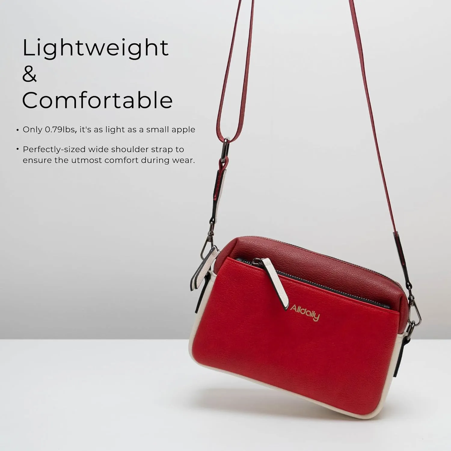 Alldaily Small Triple Zip Crossbody Purse for Women, Vegan Leather Phone Bag with Wide Shoulder Strap