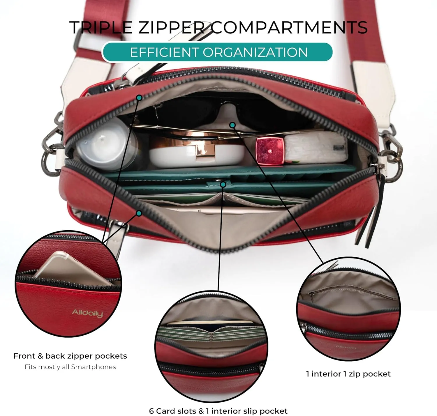 Alldaily Small Triple Zip Crossbody Purse for Women, Vegan Leather Phone Bag with Wide Shoulder Strap