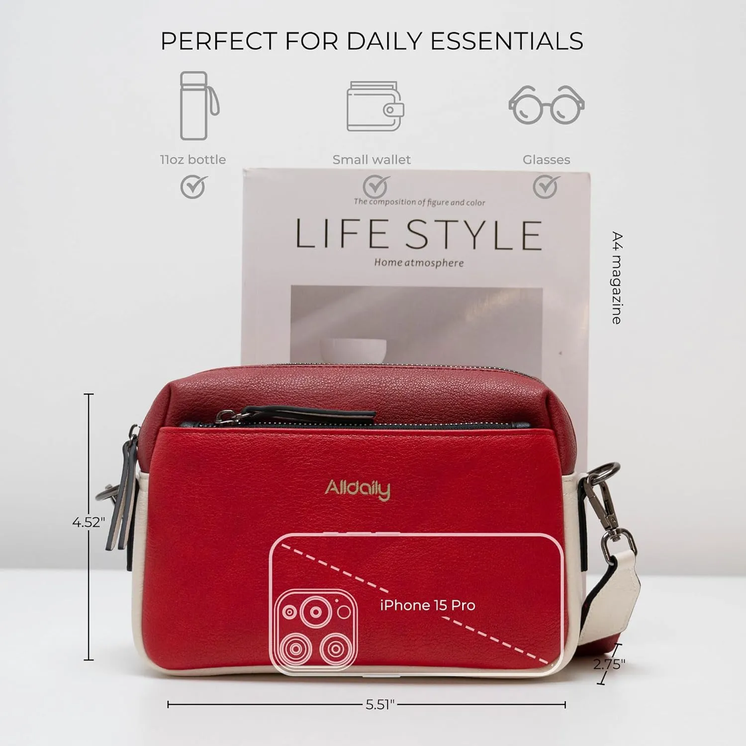 Alldaily Small Triple Zip Crossbody Purse for Women, Vegan Leather Phone Bag with Wide Shoulder Strap
