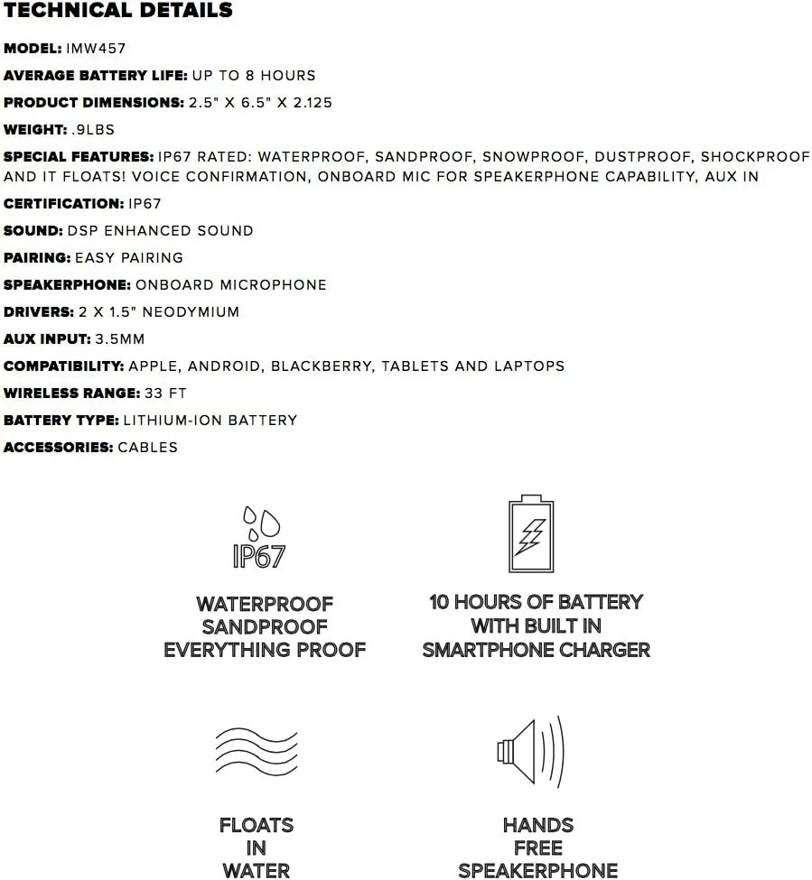 Altec Lansing Jacket H2O 2 - Waterproof Bluetooth Speaker with 3.5mm Aux Port, IP67 Certified & Floats in Water, Compact & Portable Speaker for Travel & Outdoor Use, 8 Hour Playtime