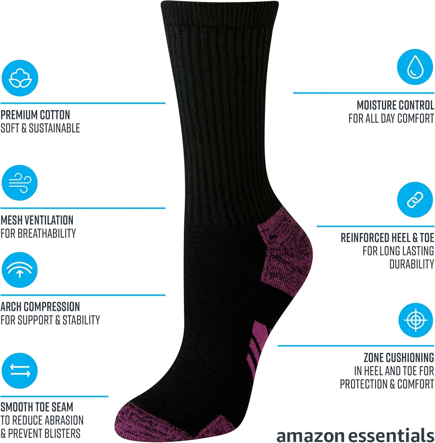 Amazon Essentials Women's Performance Comfortable Cotton Cushioned Breathable Athletic Crew Sports Socks, 6 Pairs
