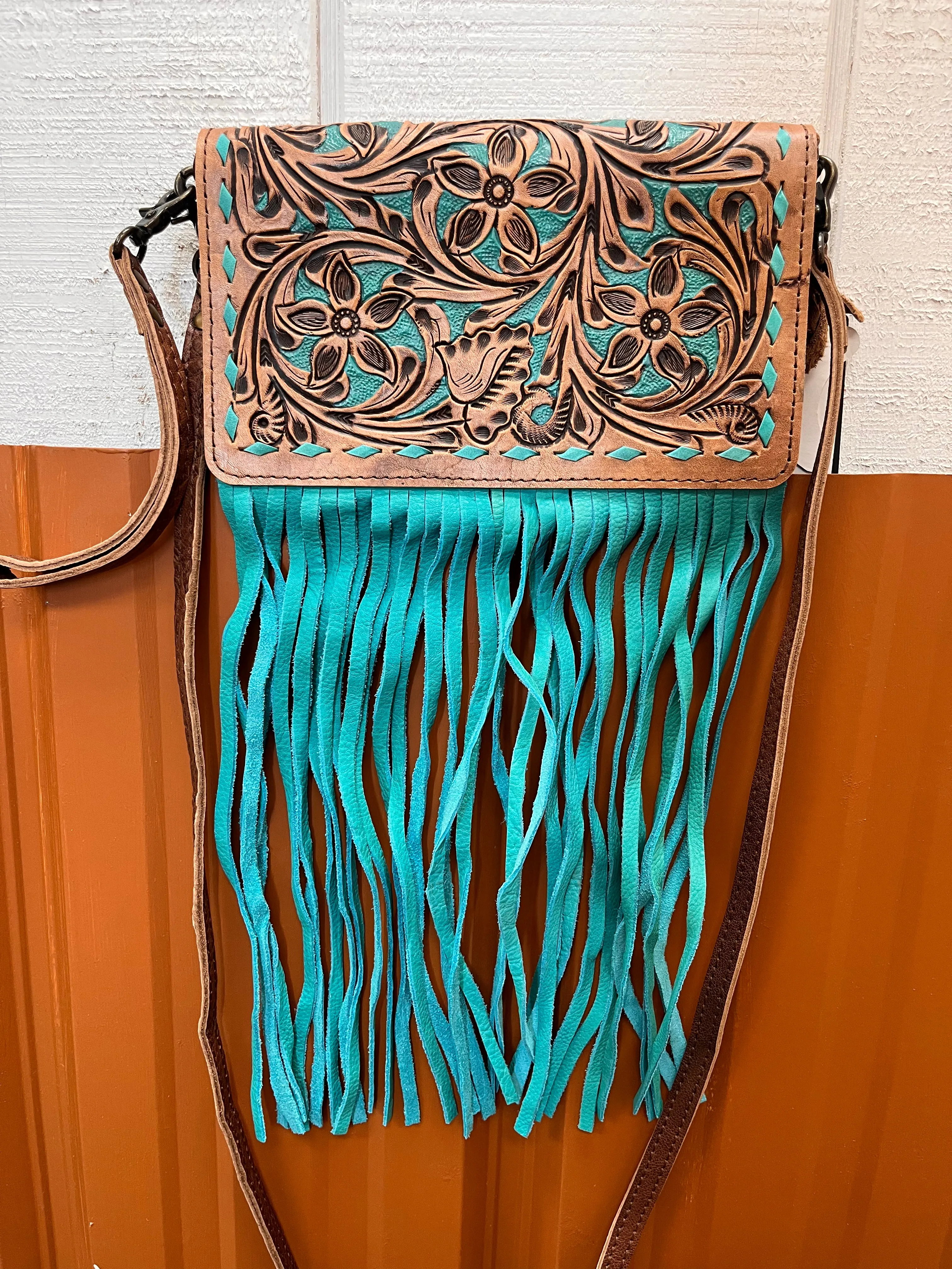 American Darling Hand-Tooled Finge Crossbody Wallet Clutch Purse ADBG485 BRTRQI