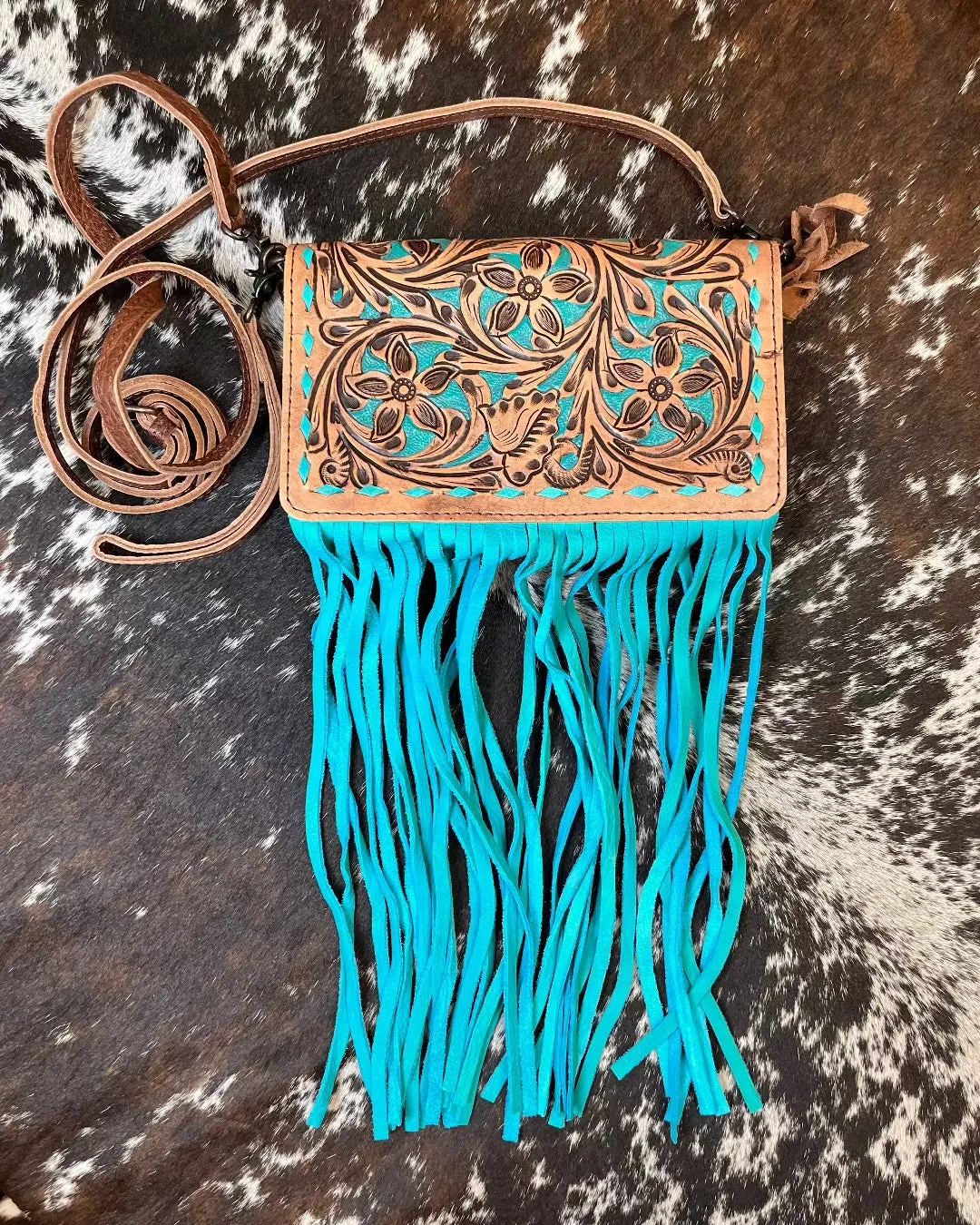 American Darling Hand-Tooled Finge Crossbody Wallet Clutch Purse ADBG485 BRTRQI