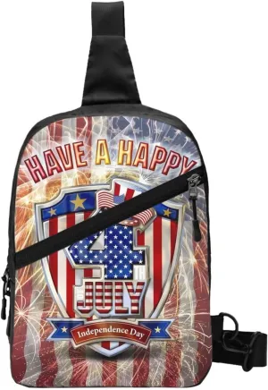 American Flag Fireworks Portable Sling Bags Packable Crossbody Bag Foldable Sport Daypack Reusable Shoulder Backpack Diagonally Chest Bag for Workout Travel