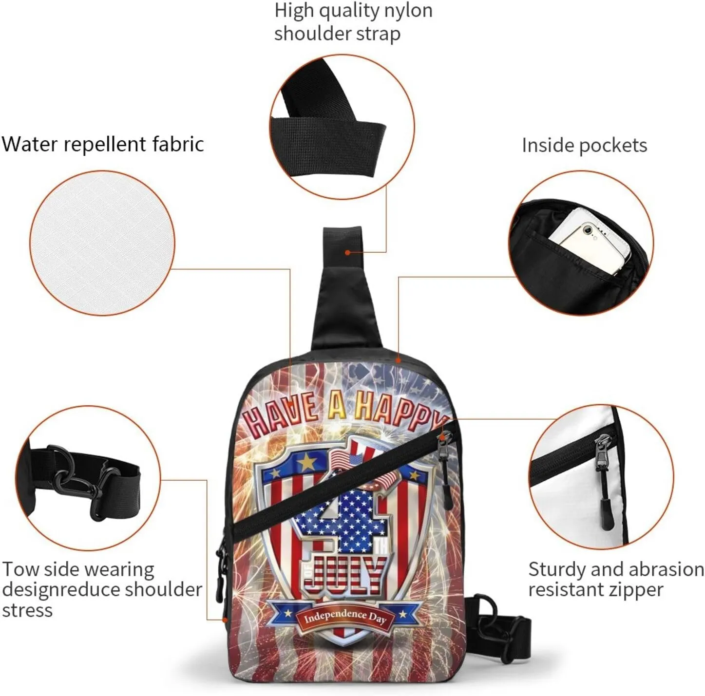American Flag Fireworks Portable Sling Bags Packable Crossbody Bag Foldable Sport Daypack Reusable Shoulder Backpack Diagonally Chest Bag for Workout Travel